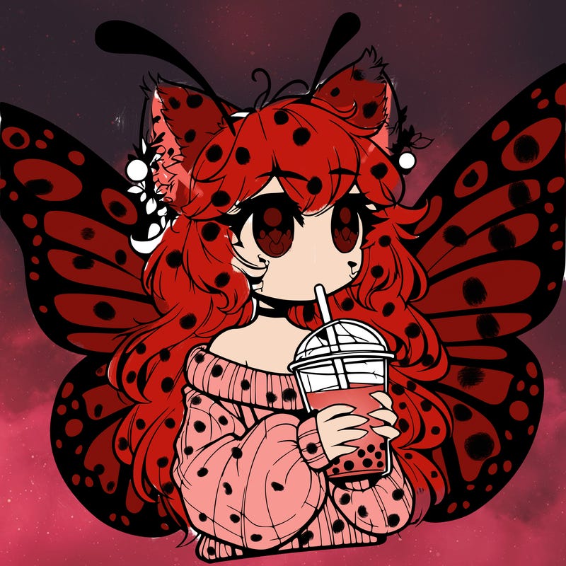 a realistic butterfly/furry girl drinking boba