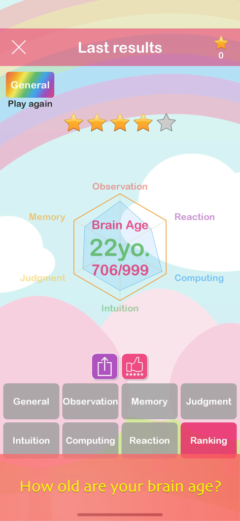 Uno screenshot dall'app Brain Training che mostra il risultato di un test con un'età cerebrale di ventidue anni e un grafico radar delle prestazioni per le abilità cognitive.