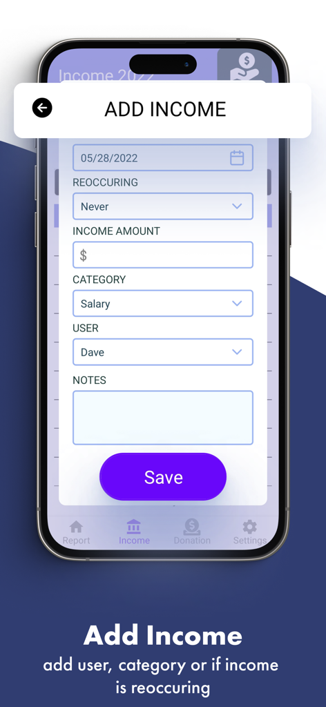 Add income screen in the LDS Tithing Report app with fields for date, category, and user