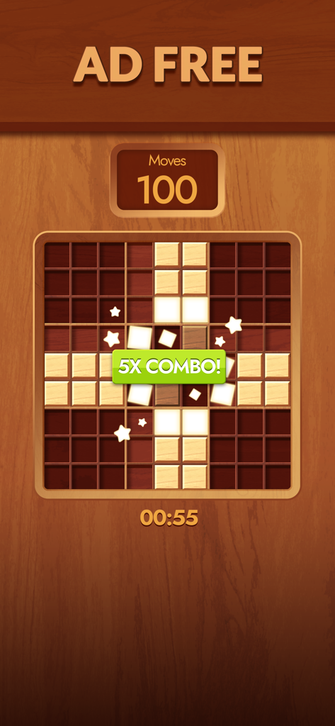Offline Games: No Wifi Games - Gameplay of a wooden block puzzle showing a 5x combo with an ad free header