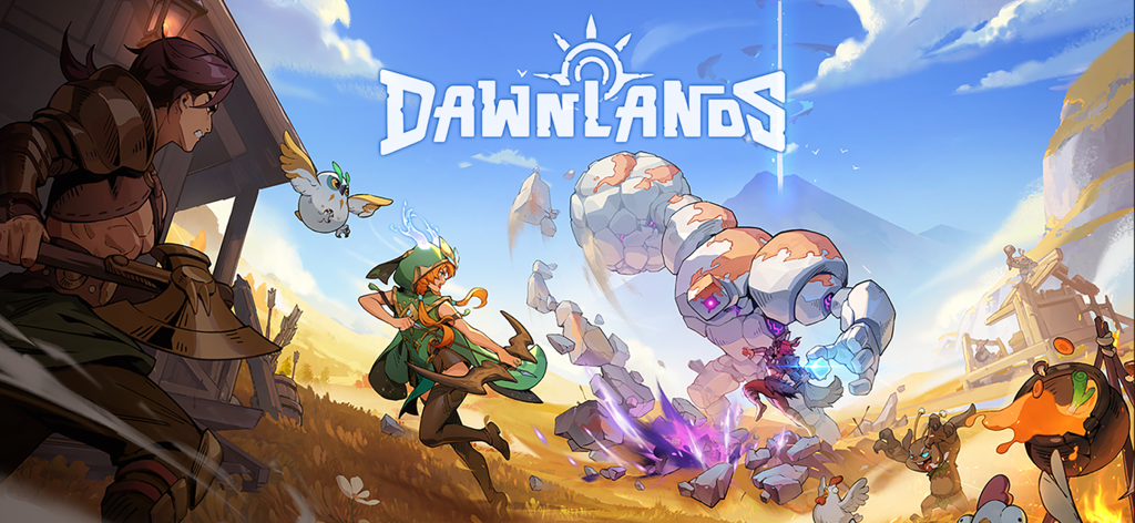 Dawnlands - Characters fighting a stone golem in the open world game Dawnlands.