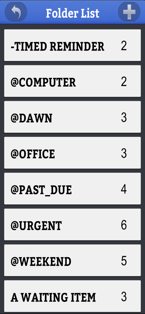 ToodleDue app interface showing a list of folders organized by context tags and task counts.