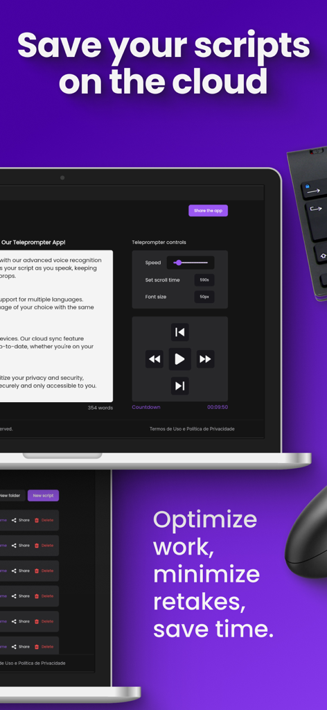 Laptop mostrando a interface de roteiro do teleprompter com armazenamento em nuvem e controles de reprodução de vídeo em um fundo roxo.