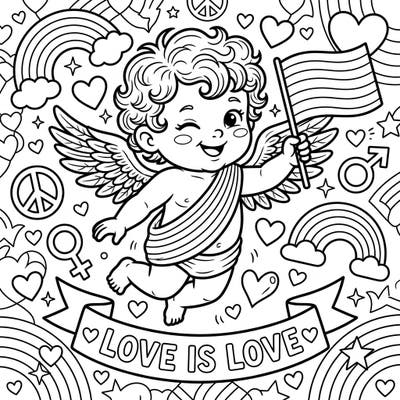 Spread love and celebrate diversity with this enchanting coloring page featuring an adorable Baby Cupid embracing the spirit of Pride. This illustration is beautifully adorned with symbols of unity, joy, and acceptance, inviting you to add your vibrant touch.