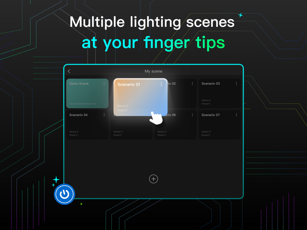 NEEWER Studio Tablet app interface displaying a grid of customizable lighting scenario presets for professional studio control