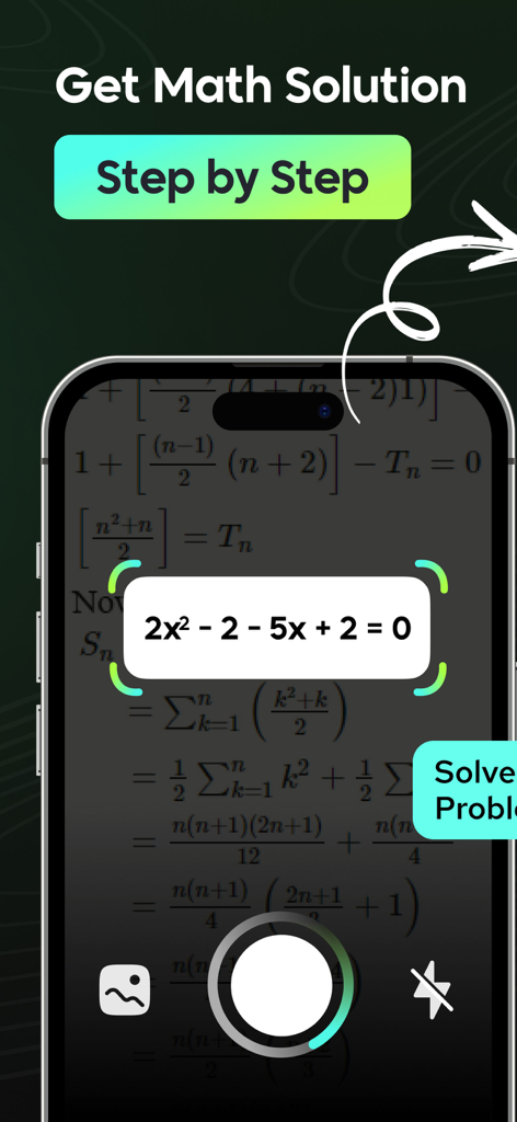 Photo Maths Solver - Math AI - A smartphone interface scanning an algebraic equation to provide a step-by-step math solution.