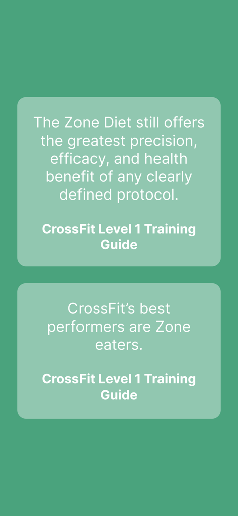 Zone Meal Planner - Citas de la Guía de Entrenamiento CrossFit Nivel 1 que respaldan la Dieta Zone por su precisión y beneficios de rendimiento.