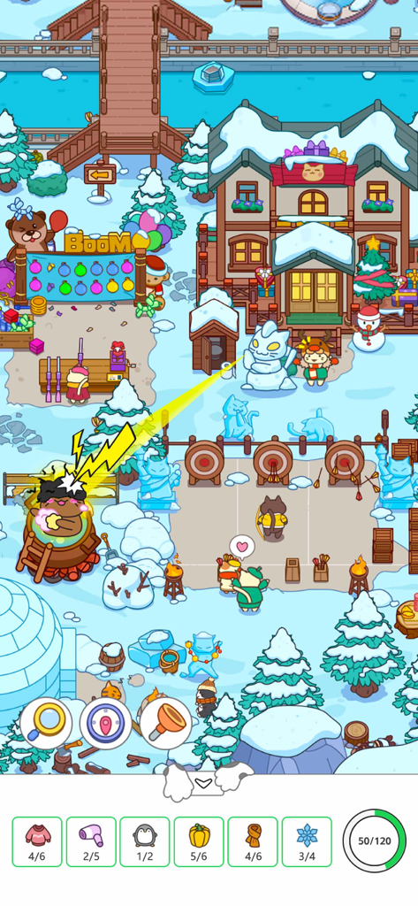 A hand-drawn winter scene from the Cat Trip game featuring an archery range and cats in a snowy village.