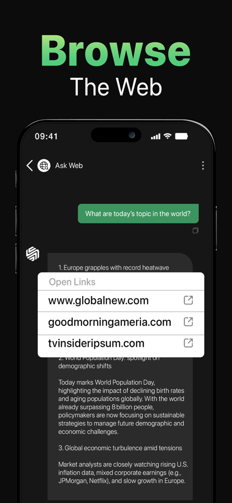 Interfaccia dell'assistente AI di ChatIn per la navigazione web in tempo reale e il recupero di notizie con collegamenti alle fonti