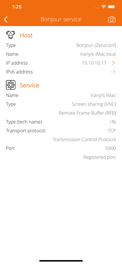 Interfaz de Service Browser que muestra información del host y servicio Bonjour para un Mac, incluyendo la dirección IP y el puerto 5900