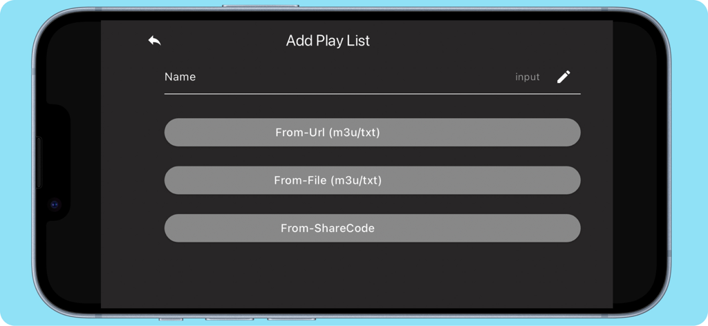 Screenshot of the Add Play List screen in the itvPlayer app with options to import sources from URL file or share code