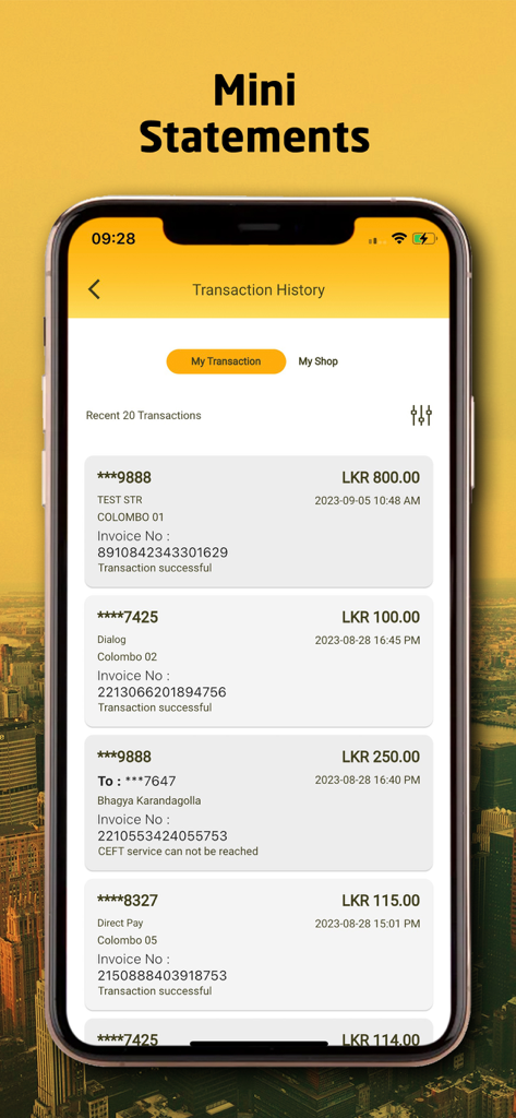 Tela do aplicativo BOC SmartPay mostrando um mini extrato com histórico de transações recentes em Rúpias do Sri Lanka