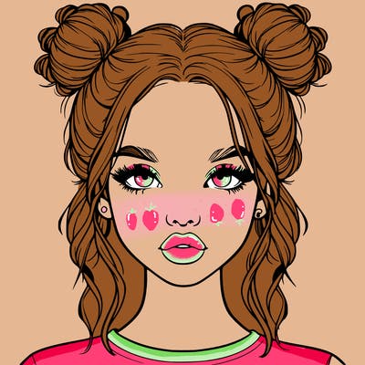 realistic girl with two buns in hair and lips