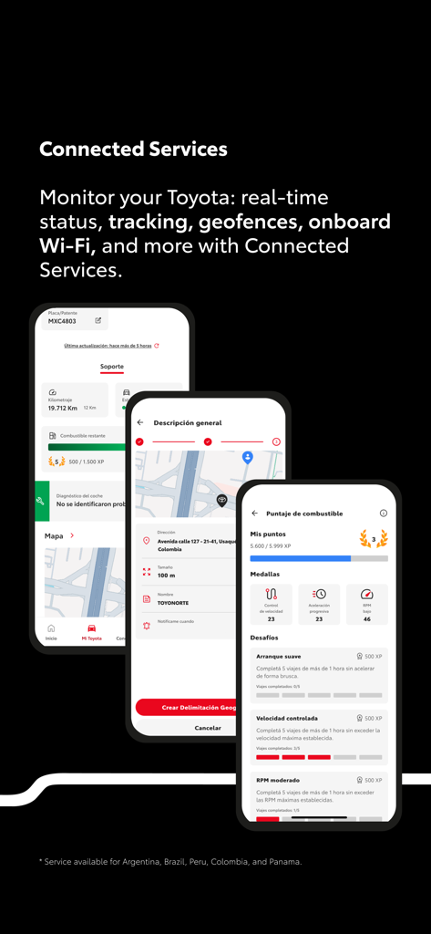 Toyota LATAM app screenshots showing connected services like vehicle tracking fuel score and geofencing