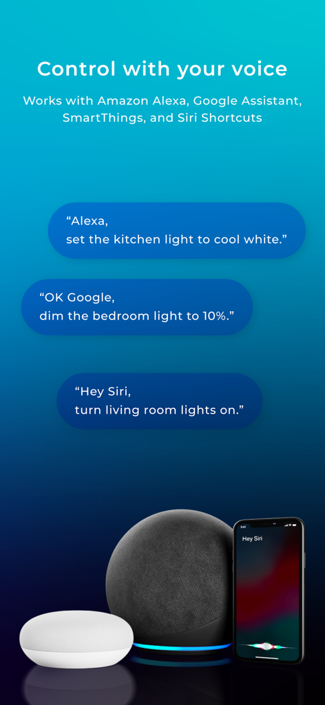 Globe Suite app voice control compatibility with Amazon Alexa, Google Assistant, and Siri Shortcuts