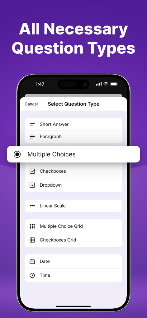 GForm Builder® ~ Google Form - Selección de tipos de preguntas en la interfaz de la aplicación móvil GForm Builder