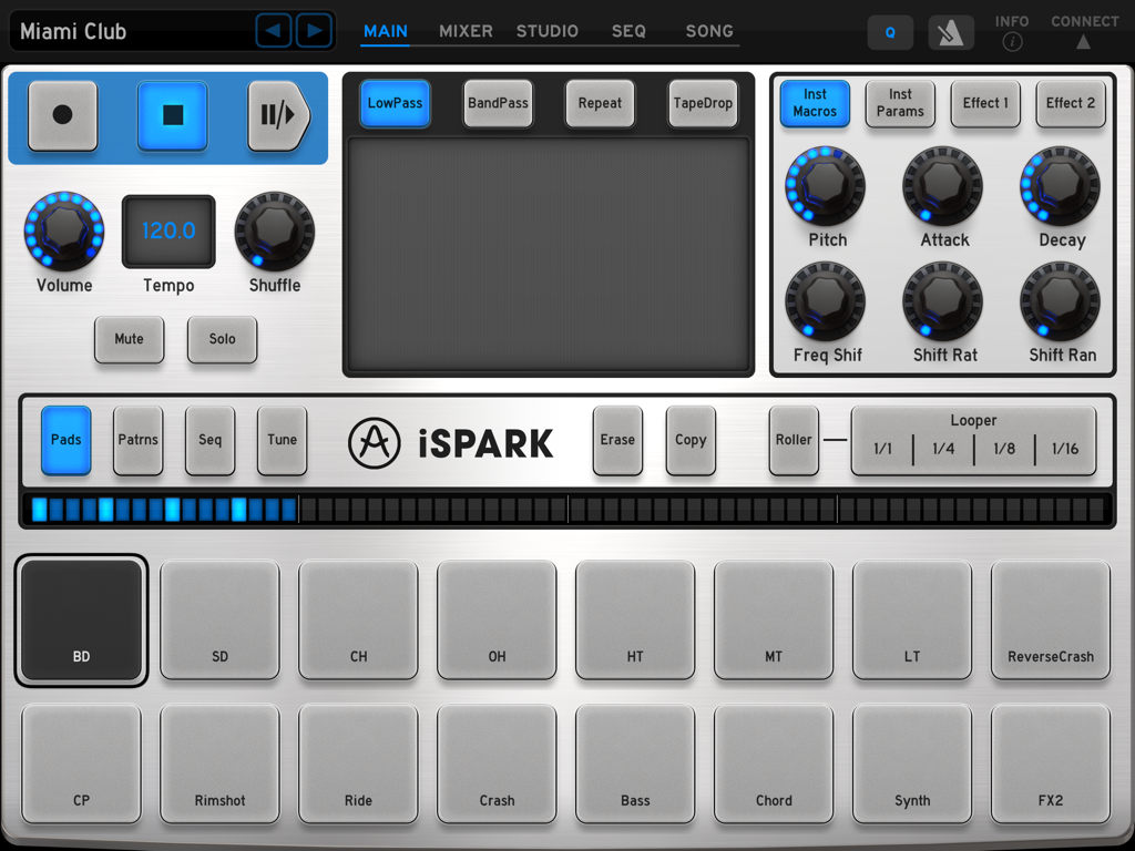 Arturia iSpark - Main screen of Arturia iSpark iPad app showing drum pads and performance controls