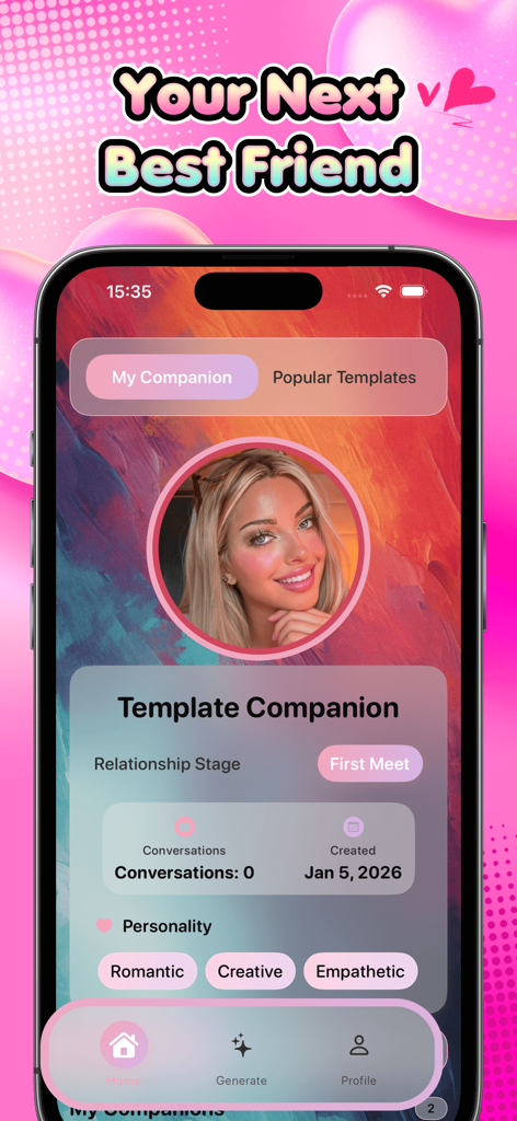 Twek - Twek app interface showing a virtual companion profile with relationship stage and personality traits