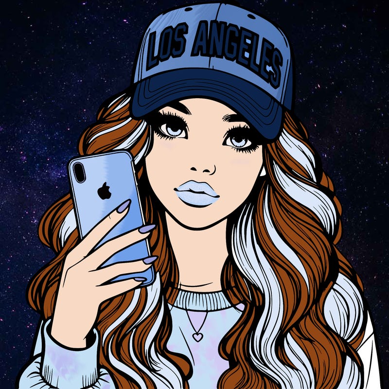 realistic beautiful girl wearing los ángeles cap holding an iphone
