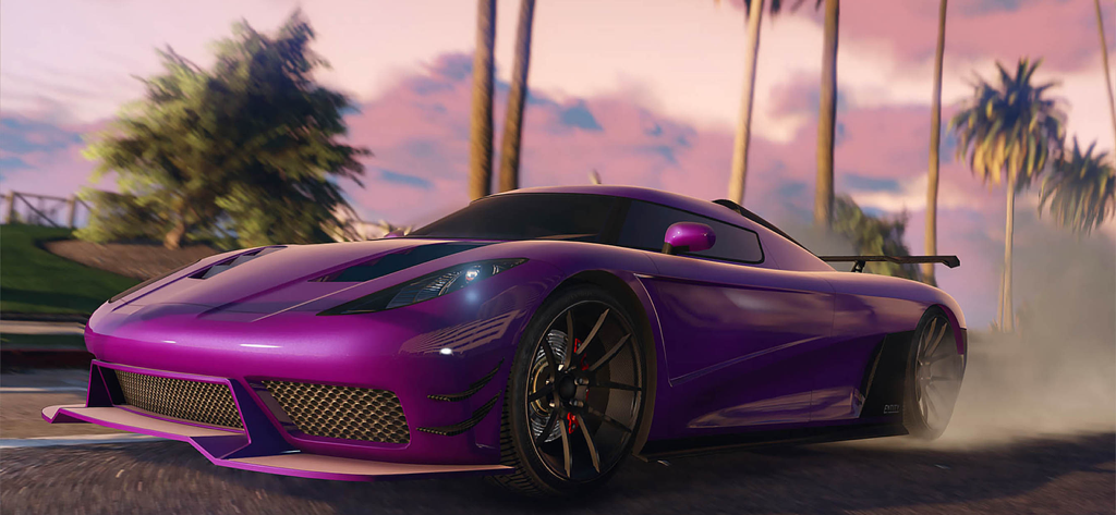 Meta Car Simulator 2024 - Um carro esportivo roxo fazendo drift em uma estrada com palmeiras ao pôr do sol