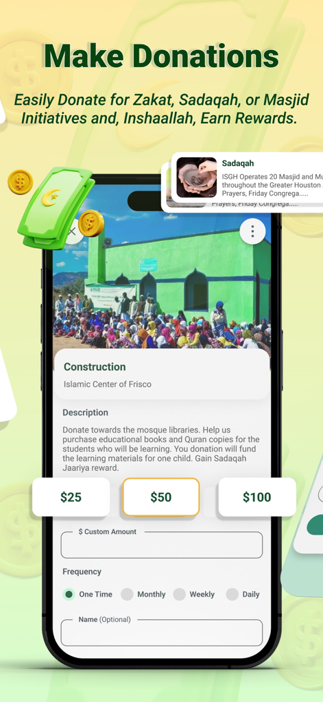 CMZ (ConnectMazjid) - Events - Mobile app interface showing options for Zakat and Sadaqah donations to a local masjid