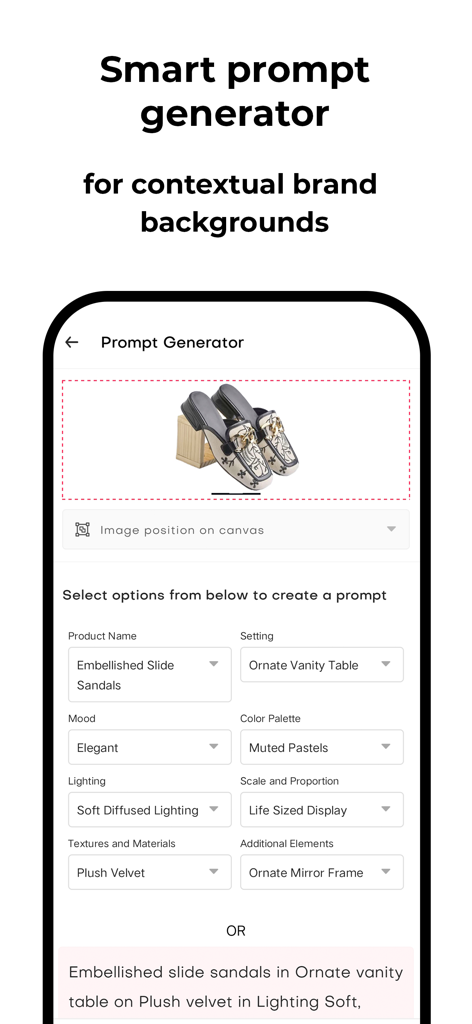 DoMyShoot Product Photo Studio - Mobile app screen showing a smart prompt generator for creating custom AI product backgrounds with selectable settings like mood and lighting
