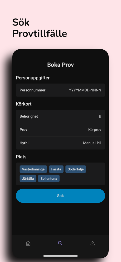Boka Förarprov - A mobile app interface for searching and booking driving test appointments in Sweden.