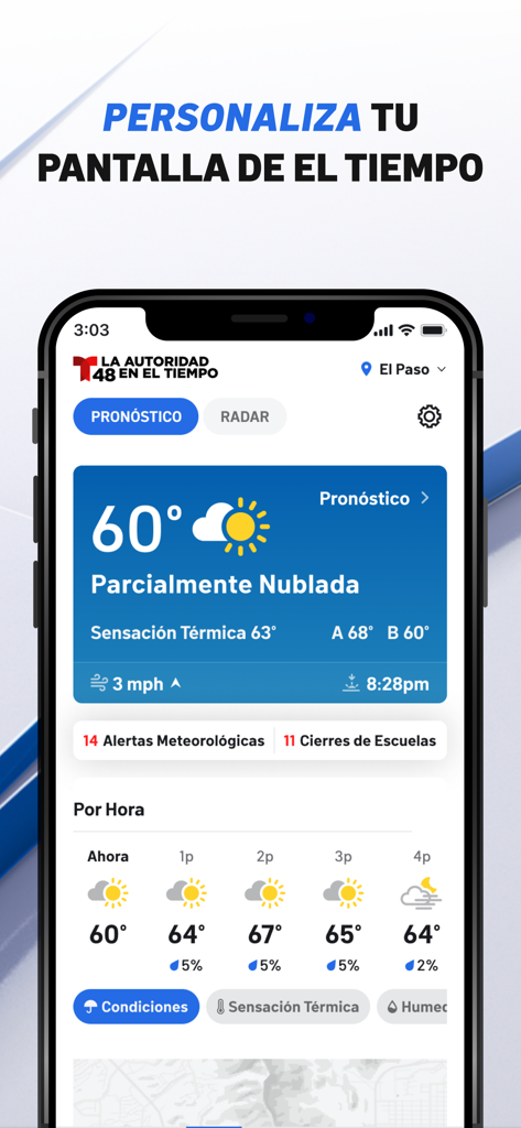 Telemundo 48 El Paso app displaying a personalized weather forecast and school closures