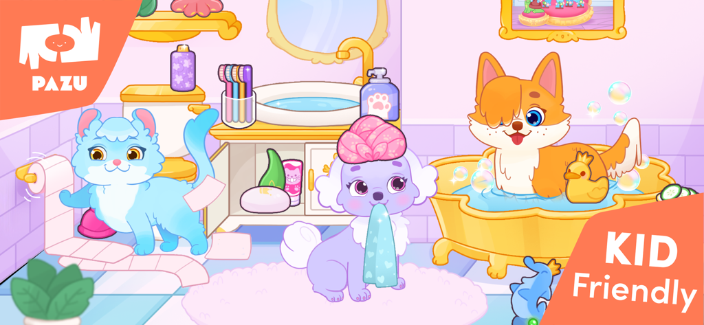 Princess Palace Pets World - Three cute cartoon pets being groomed and bathed in a bathroom setting