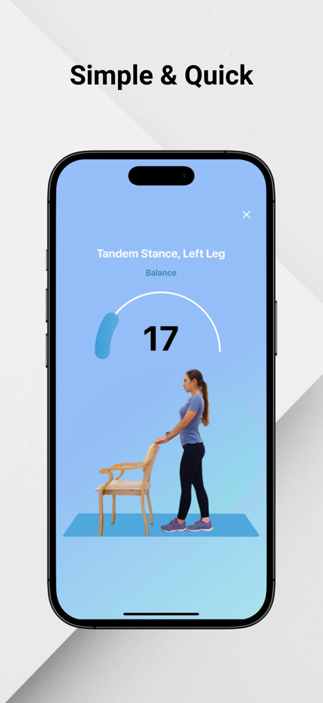 Aspire Connect - Interface of Aspire Connect app showing a woman performing a tandem stance balance exercise