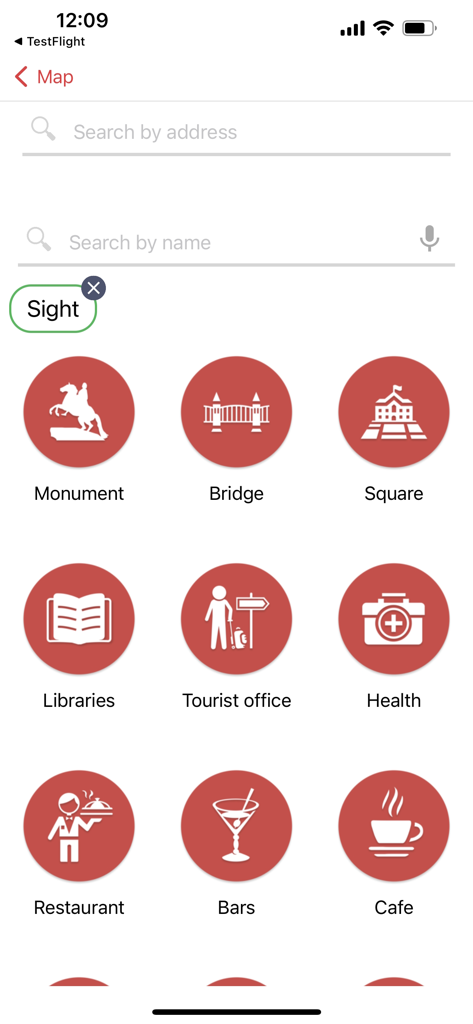 myguide.city - city guide - Écran de recherche dans l'application myguide city montrant diverses catégories de voyage comme monuments, ponts et restaurants