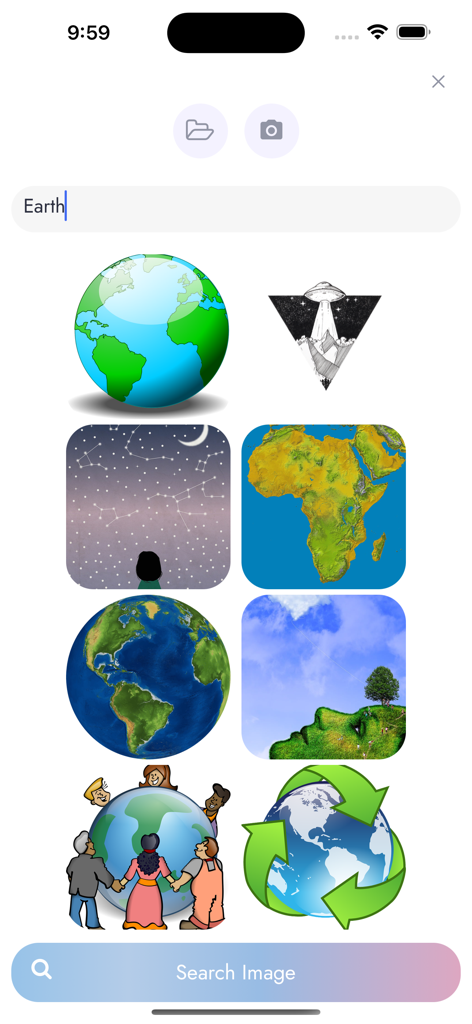 LyriTunes - Lyrics Generator - LyriTunes 앱 인터페이스에서 맞춤 노래 가사를 위한 지구 테마 배경 이미지 그리드를 보여줍니다.