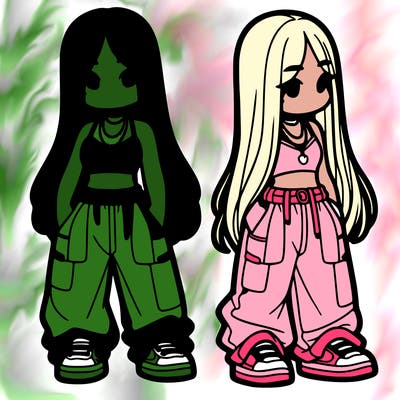 girl in baggy pants crop top and long hair