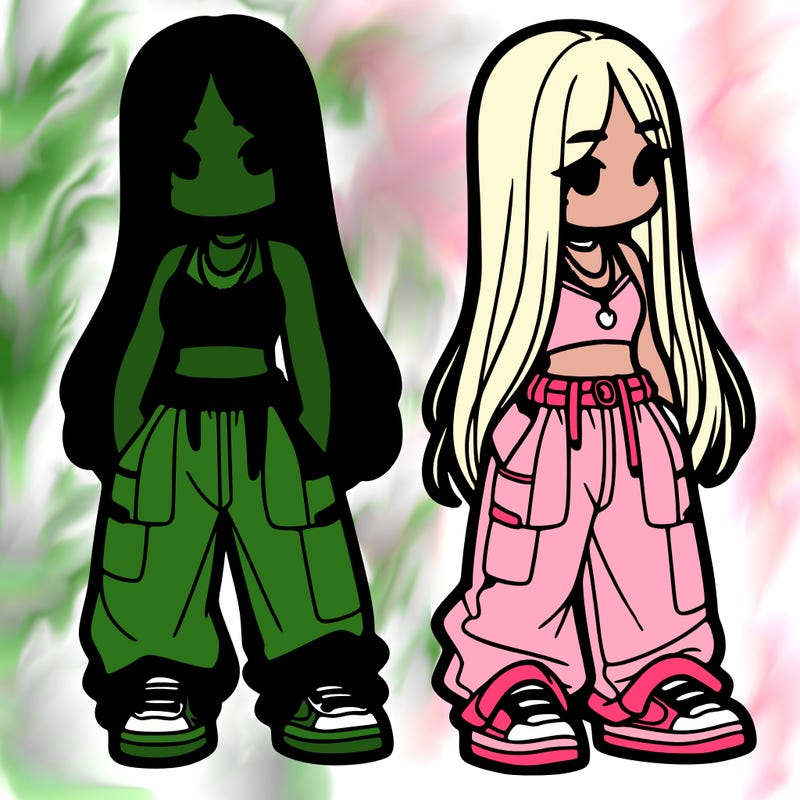 girl in baggy pants crop top and long hair