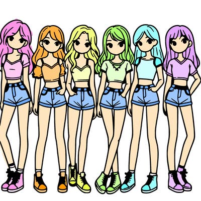 a group of girls wearing crop tops and shorts