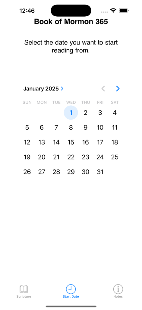 Book of Mormon 365 - Calendar interface in the Book of Mormon 365 app for selecting a reading plan start date