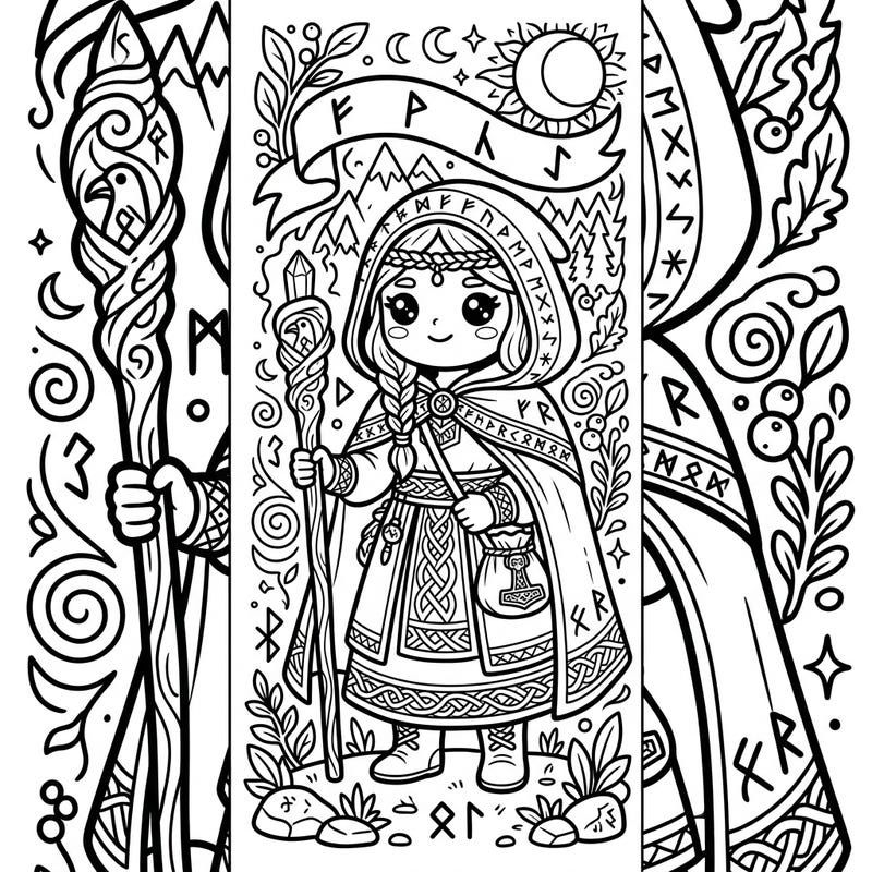 Step into the world of Norse mythology with this adorable Kawaii Völva coloring bookmark, ready to bring ancient magic to your pages. This charming seeress, adorned with traditional patterns and mystical elements, offers a delightful and intricate coloring experience.