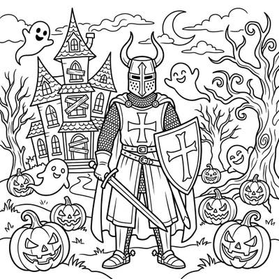 Embark on a coloring quest with a brave Teutonic Knight as he navigates a whimsical Halloween landscape. This unique design combines medieval valor with spooky season charm, perfect for creative minds.