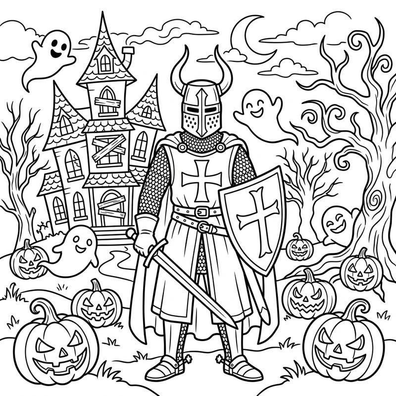 Embark on a coloring quest with a brave Teutonic Knight as he navigates a whimsical Halloween landscape. This unique design combines medieval valor with spooky season charm, perfect for creative minds.