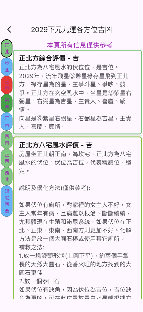 戶型圖立極尺 - A mobile interface displaying a detailed Feng Shui analysis for the North direction with traditional Chinese text and directional navigation.