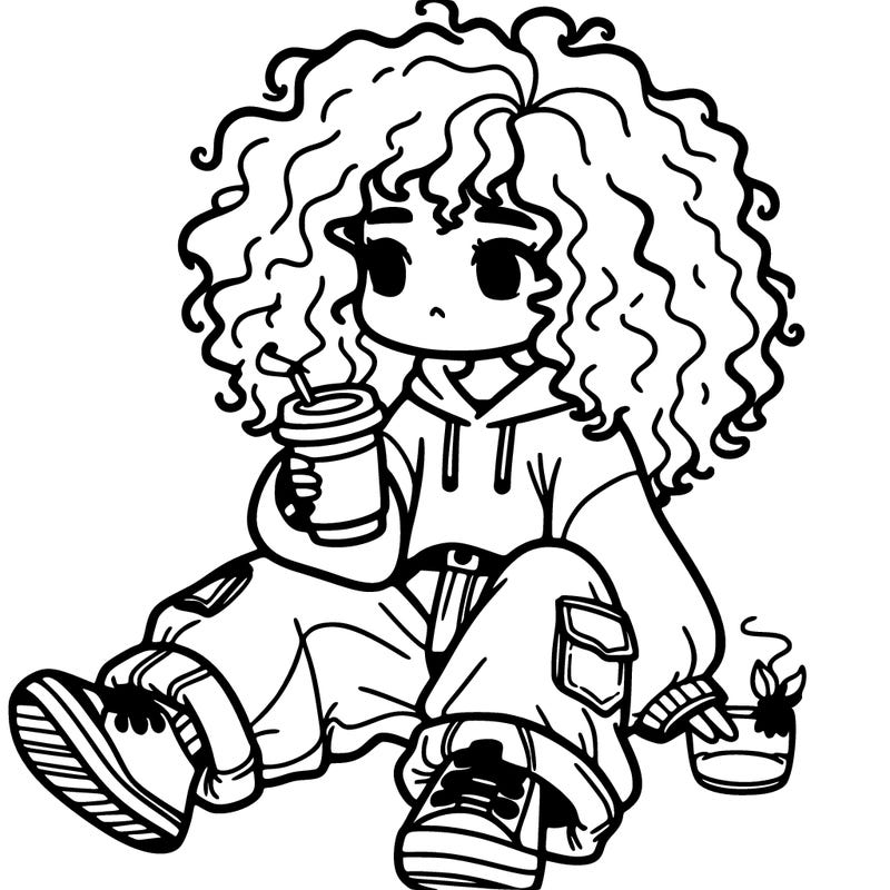 girl with curly hair wearing baggy clothes and drinking coffee