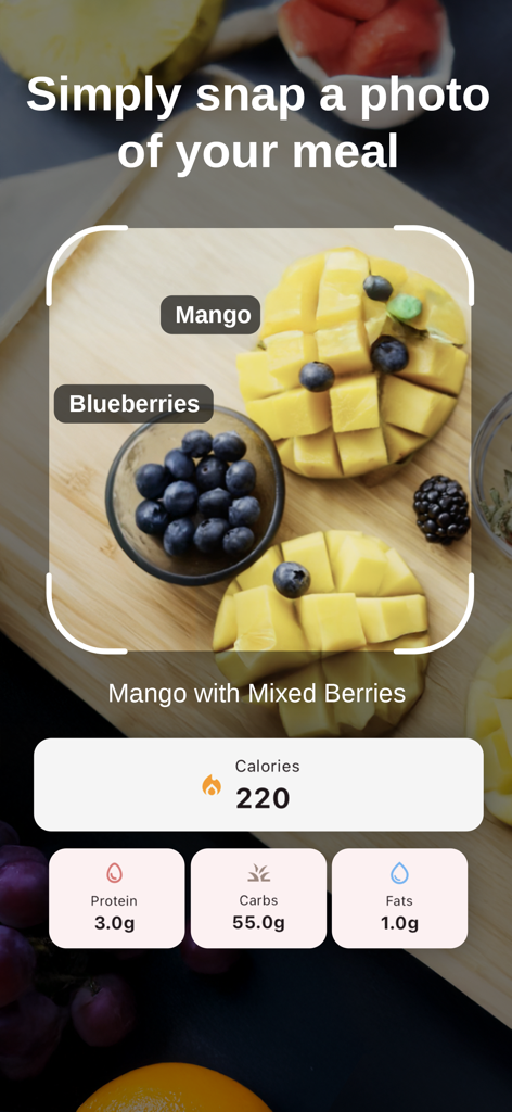Easy Calorie AI app interface identifying mango and berries with calorie and macro breakdown.