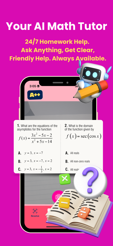 AI Math Helper Homework Solver - AI Math Helper app screen showing 24/7 homework help and a math problem scanner