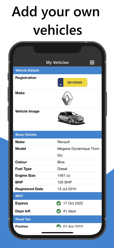 Total Car Check app screen displaying detailed vehicle information and MOT status