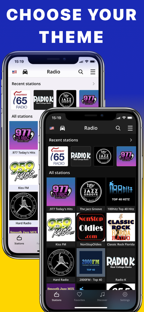 Interface de l'application FM Radio Tuner montrant des options de thèmes clairs et sombres avec des icônes de stations de radio.