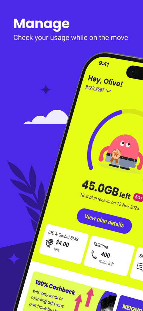 Mobile dashboard of GOMO by Singtel showing data usage balance and plan details