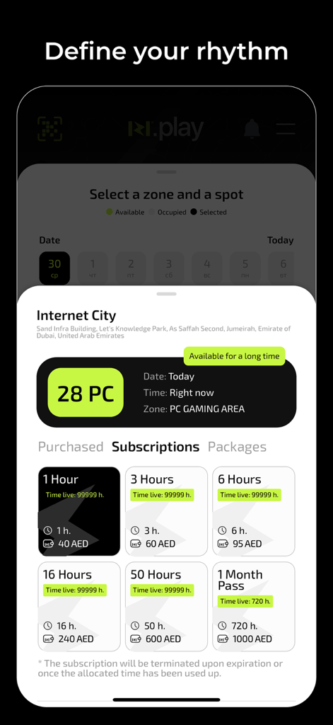 A list of time-based subscription plans for booking gaming PCs in the iZi.Play app