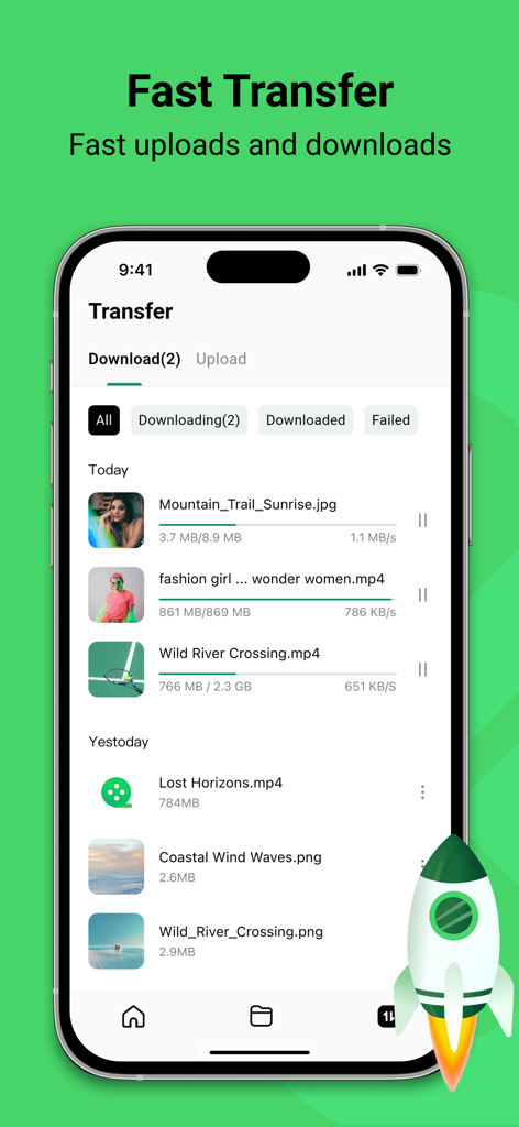 Linkex - Secure Cloud Storage - Screenshot of the Linkex app showing a fast file transfer interface with download progress bars and a rocket icon