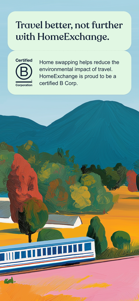 HomeExchange - House Swapping - Graphic showing HomeExchange as a certified B Corp with an artistic landscape illustration and text about sustainable travel.