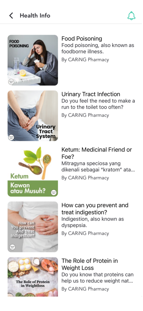 Caring Membership - Health information articles listed in the Caring Membership app